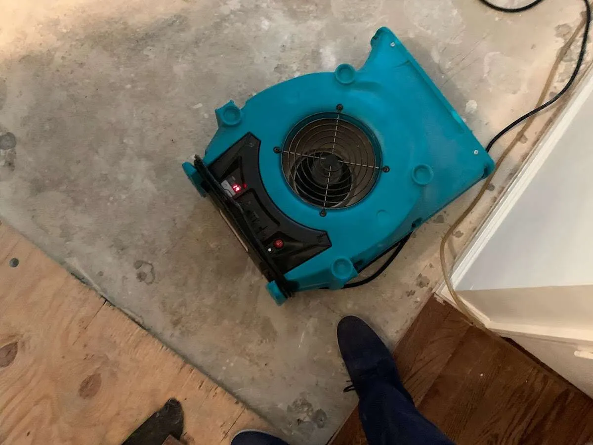 Air mover drying subfloor during Leak Detection & Repair in Upper St. Clair